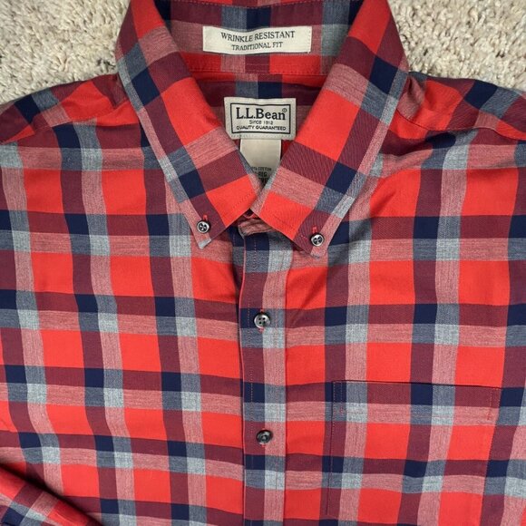 LL Bean Button Up Shirt Plaid Red Blue Gray Medium 291792 Cotton Long Sleeve - Picture 1 of 10